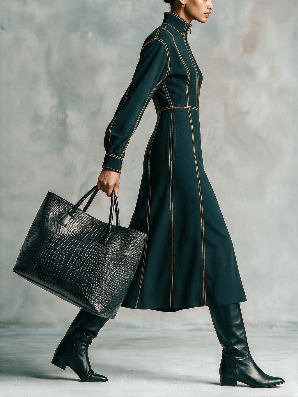 Dark Green Contrast Stitch High Neck Midi Dress