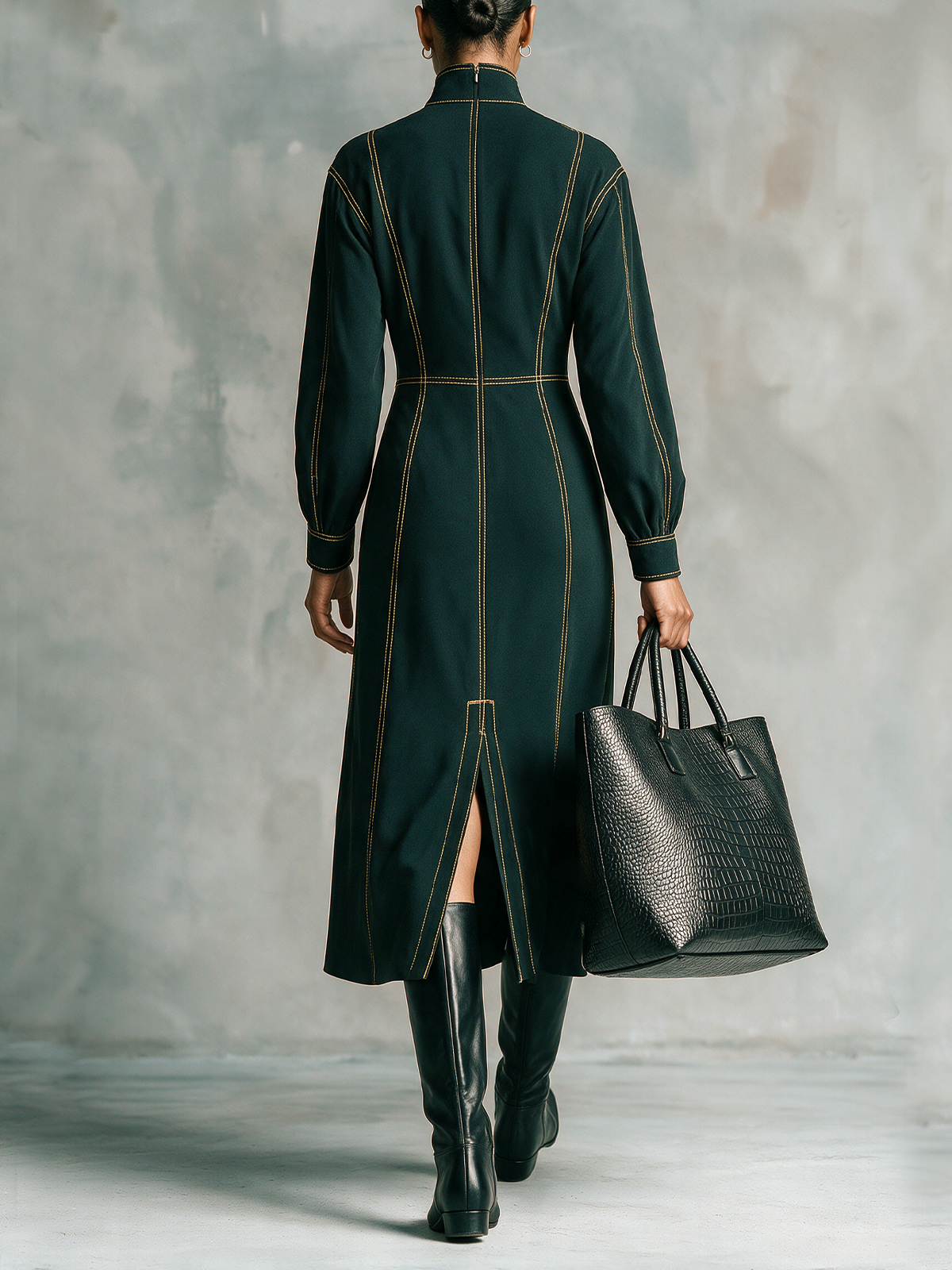 Dark Green Contrast Stitch High Neck Midi Dress