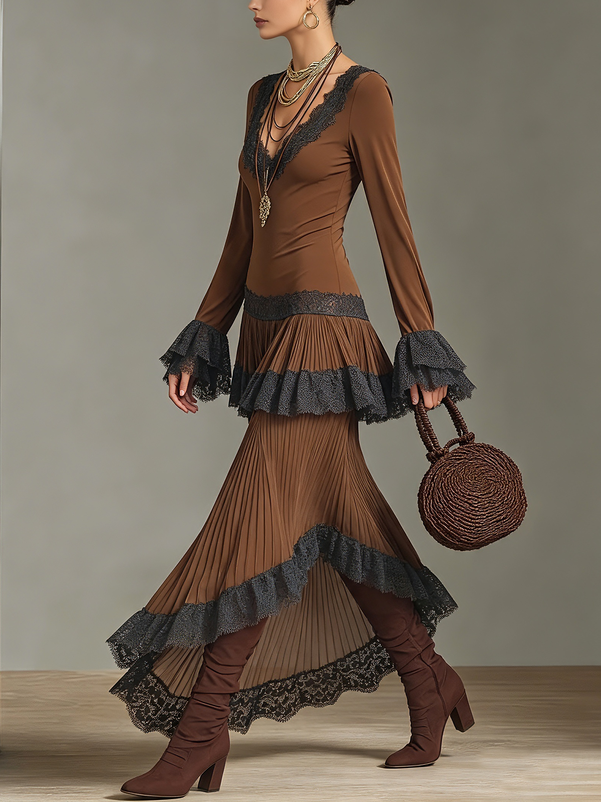 Chocolate Brown Lace Trim Asymmetrical Ruffle Maxi Dress