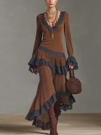 Chocolate Brown Lace Trim Asymmetrical Ruffle Maxi Dress