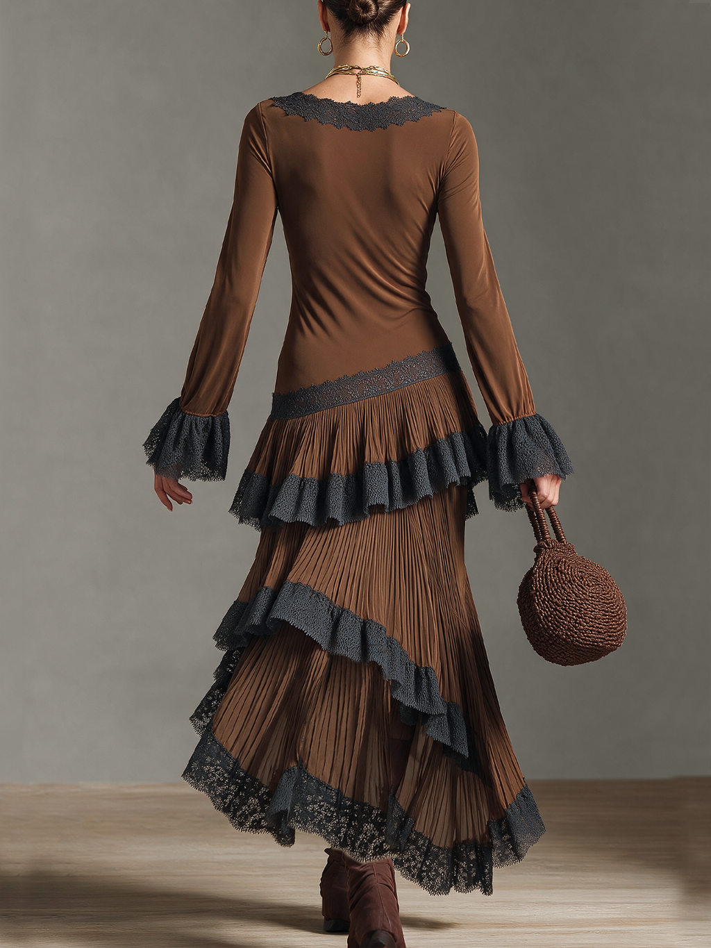 Chocolate Brown Lace Trim Asymmetrical Ruffle Maxi Dress