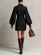 Black Ruched Plunge Neck Balloon Sleeve Mini Dress