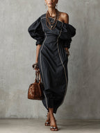 Black Cotton Linen Blend Piped Maxi Dress