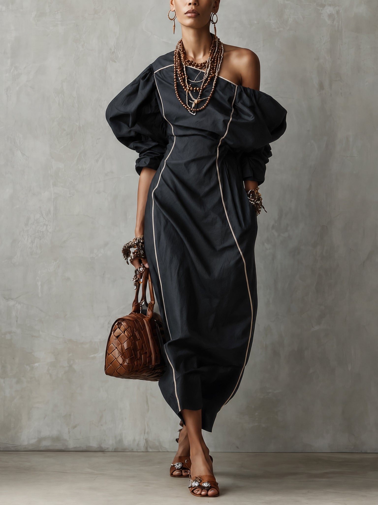 Black Cotton Linen Blend Piped Maxi Dress