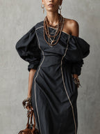 Black Cotton Linen Blend Piped Maxi Dress