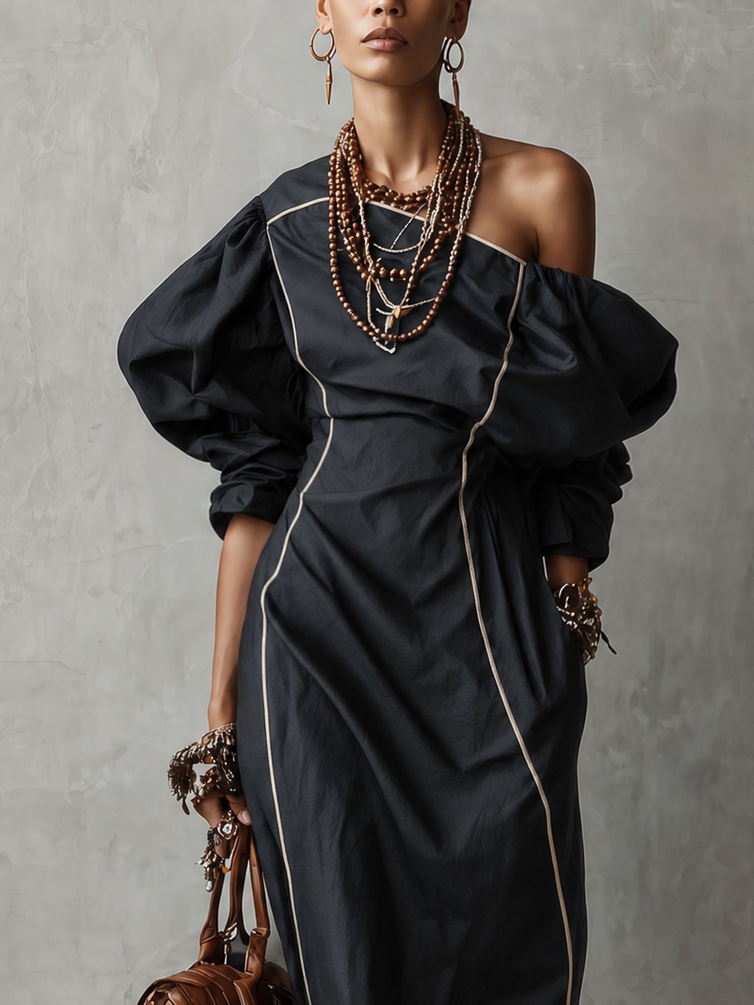 Black Cotton Linen Blend Piped Maxi Dress