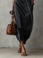 Black Cotton Linen Blend Piped Maxi Dress