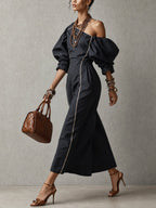Black Cotton Linen Blend Piped Maxi Dress