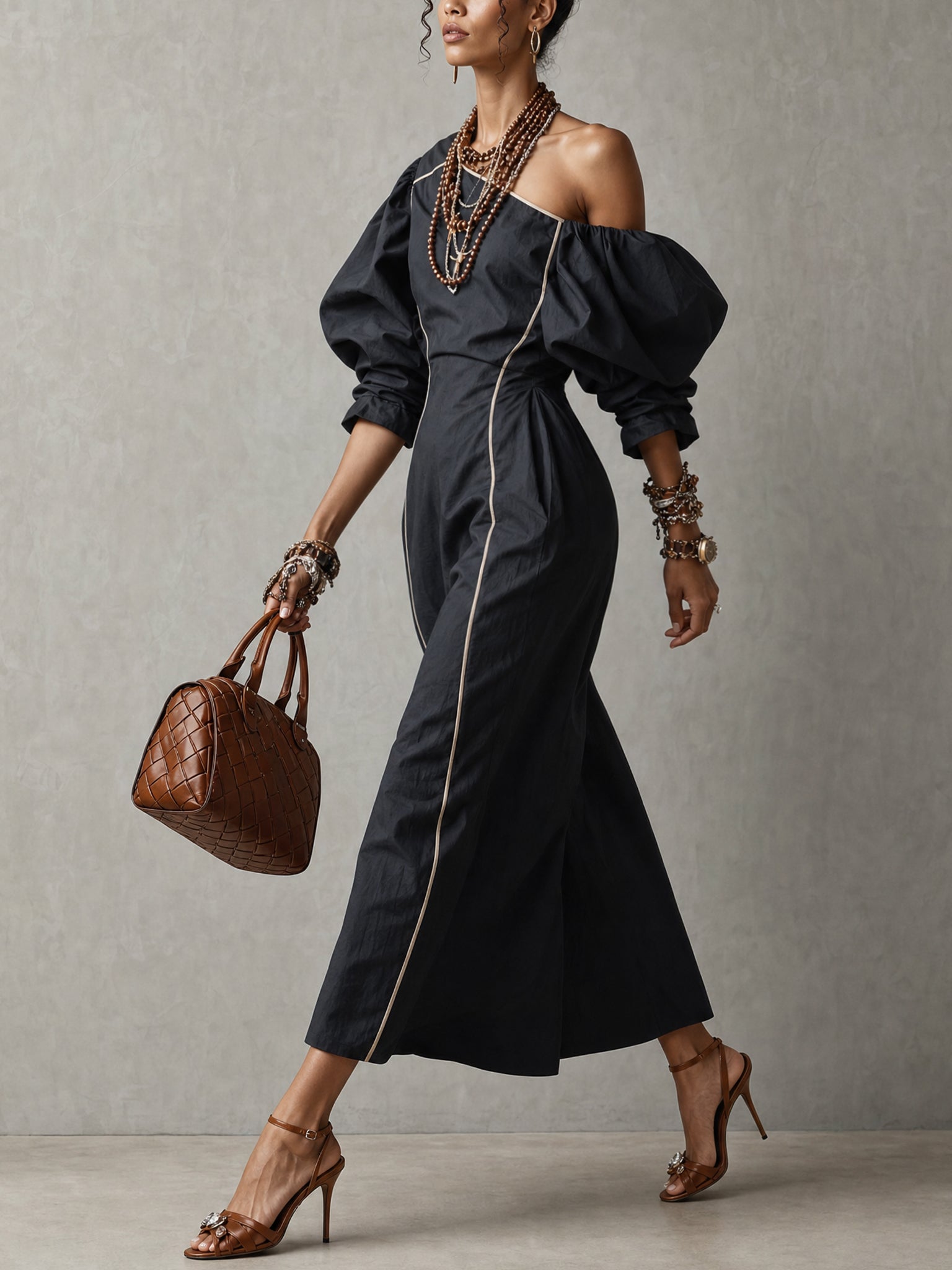 Black Cotton Linen Blend Piped Maxi Dress