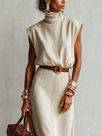 Cream Sleeveless High Neck Slit Maxi Dress With Belt