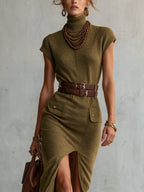 Green Knit Bodycon Dress With Double Belts