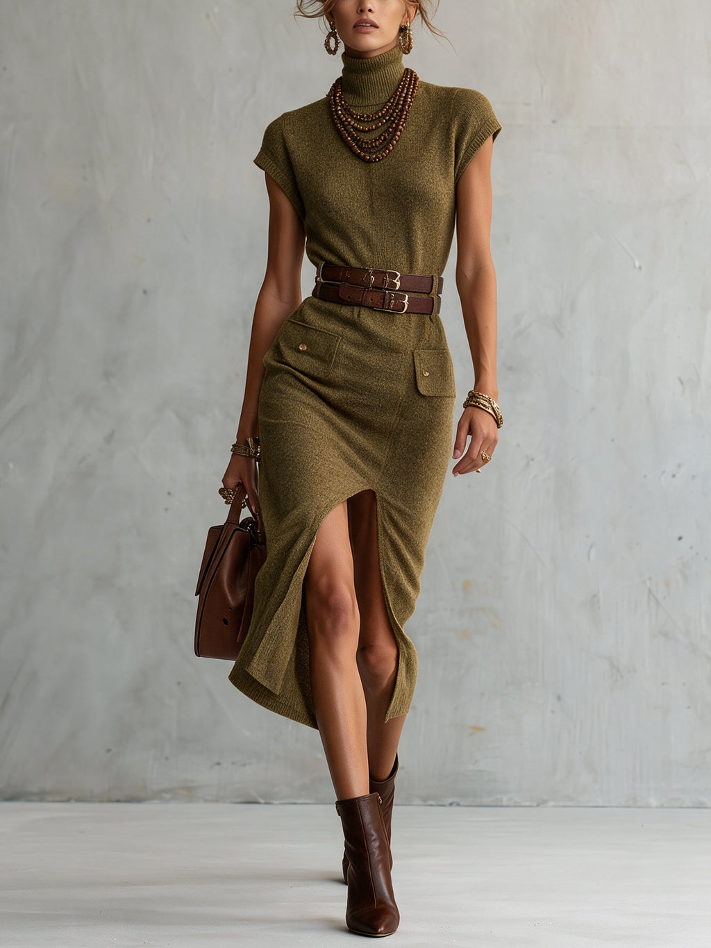 Green Knit Bodycon Dress With Double Belts