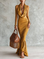 Yellow Stretch Cowl Neck Sheer Sleeve Bodycon Dress
