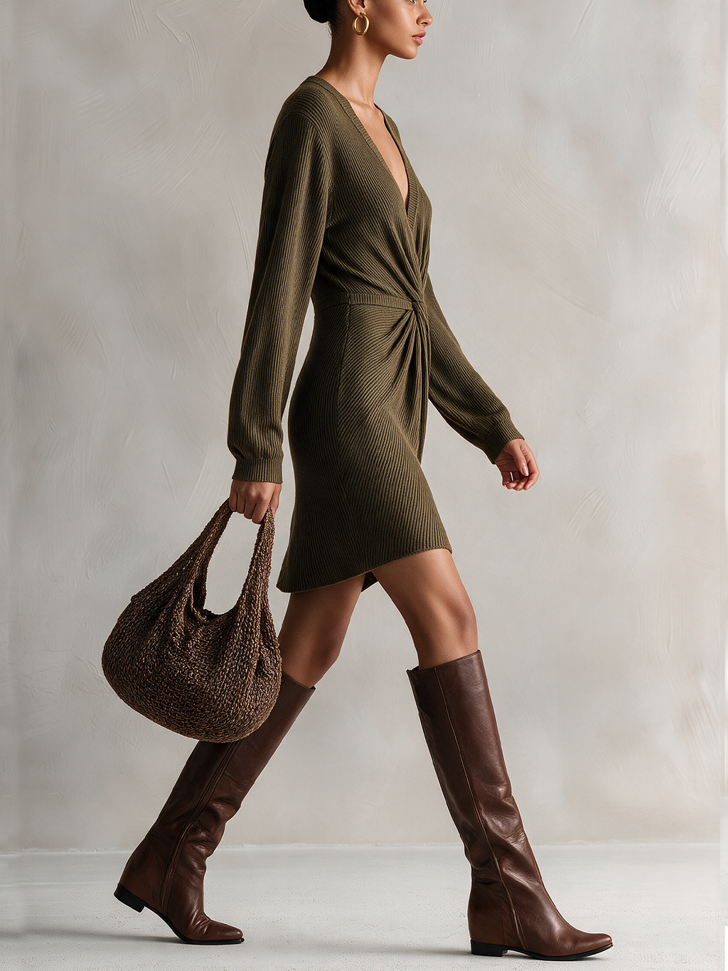 Olive Green Ribbed Twist-Front Mini Dress