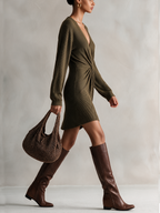 Olive Green Ribbed Twist-Front Mini Dress