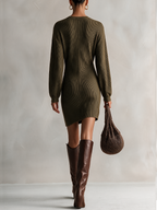 Olive Green Ribbed Twist-Front Mini Dress