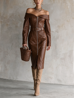 Chocolate Brown Off-Shoulder Belted Faux Leather Midi Dress