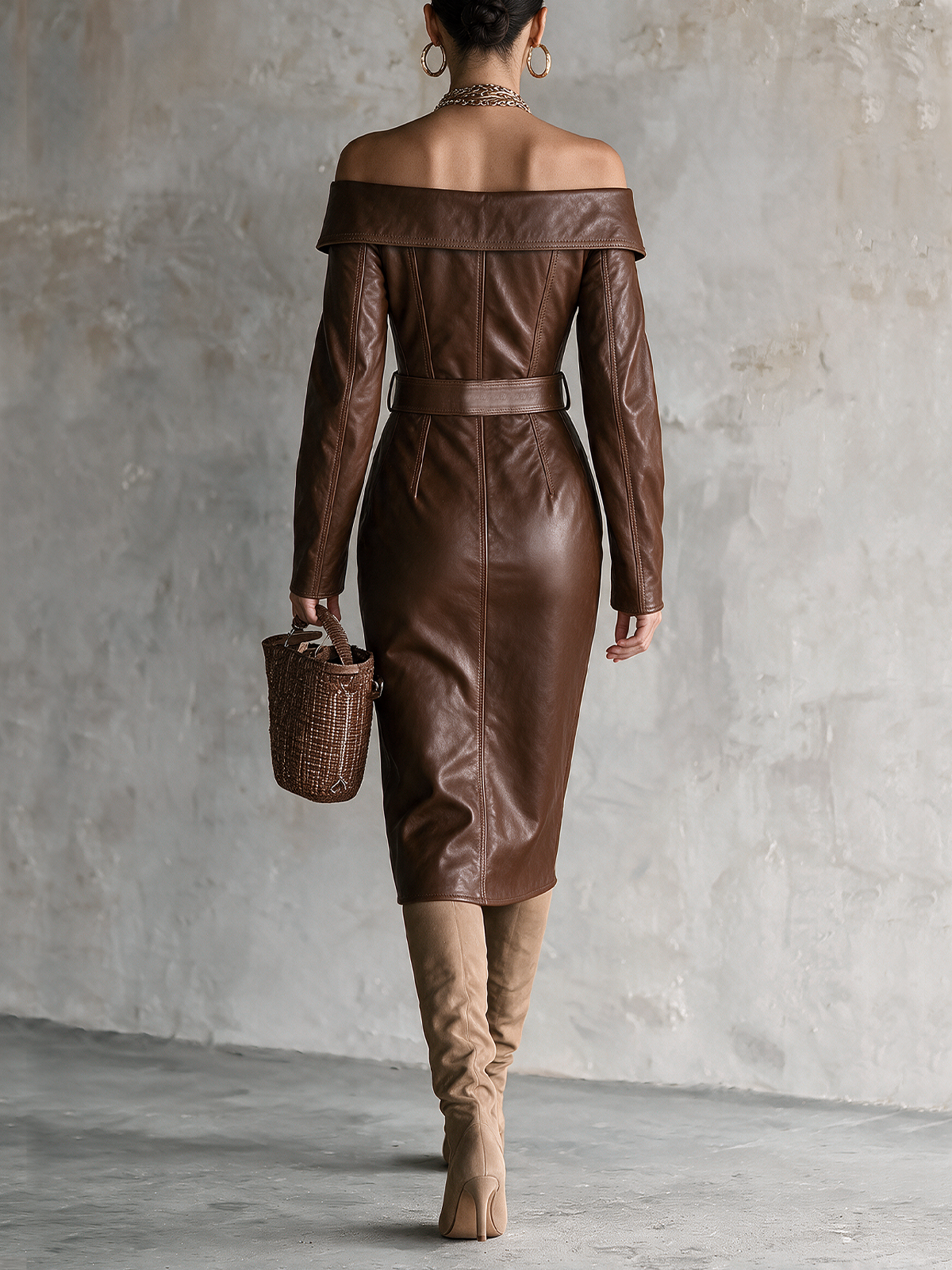 Chocolate Brown Off-Shoulder Belted Faux Leather Midi Dress