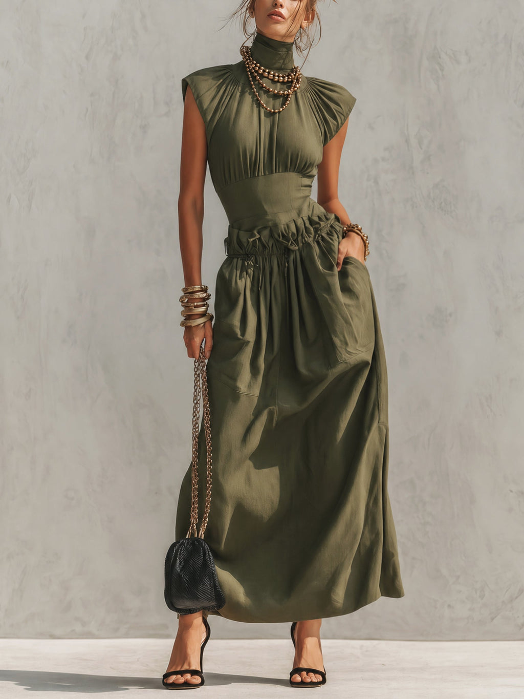 Green High Neck Raglan Sleeve Maxi Dress