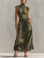Green High Neck Raglan Sleeve Maxi Dress