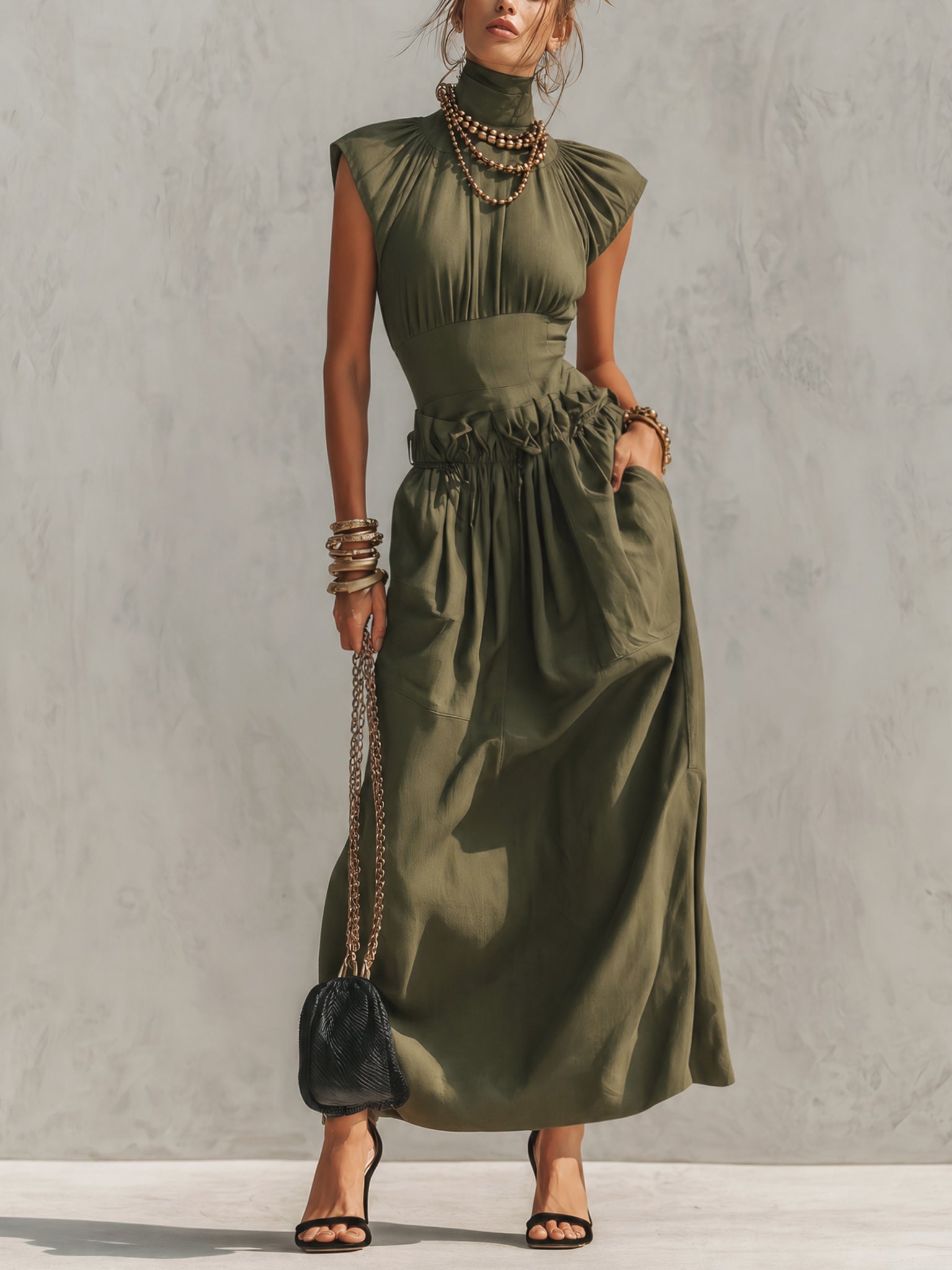 Green High Neck Raglan Sleeve Maxi Dress