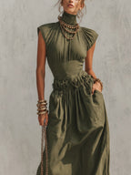 Green High Neck Raglan Sleeve Maxi Dress