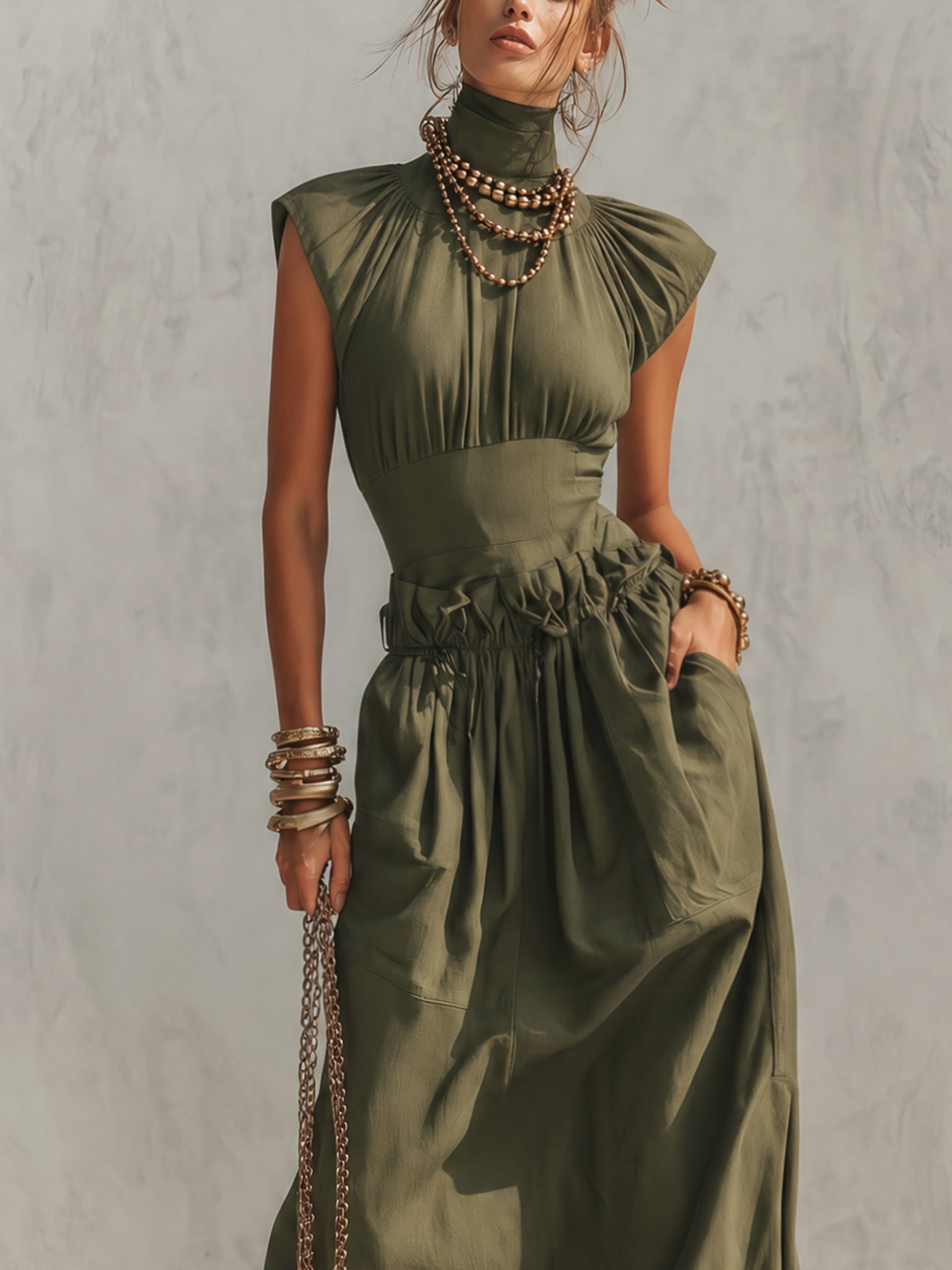 Green High Neck Raglan Sleeve Maxi Dress