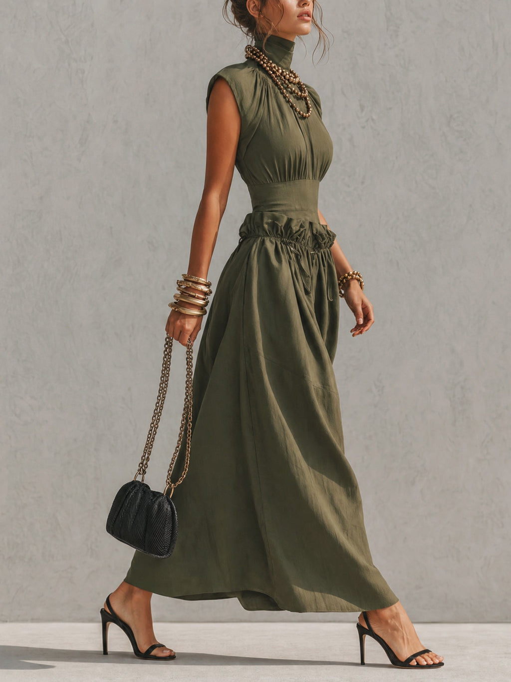 Green High Neck Raglan Sleeve Maxi Dress