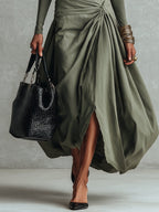 Green Off Shoulder Color Block Maxi Dress