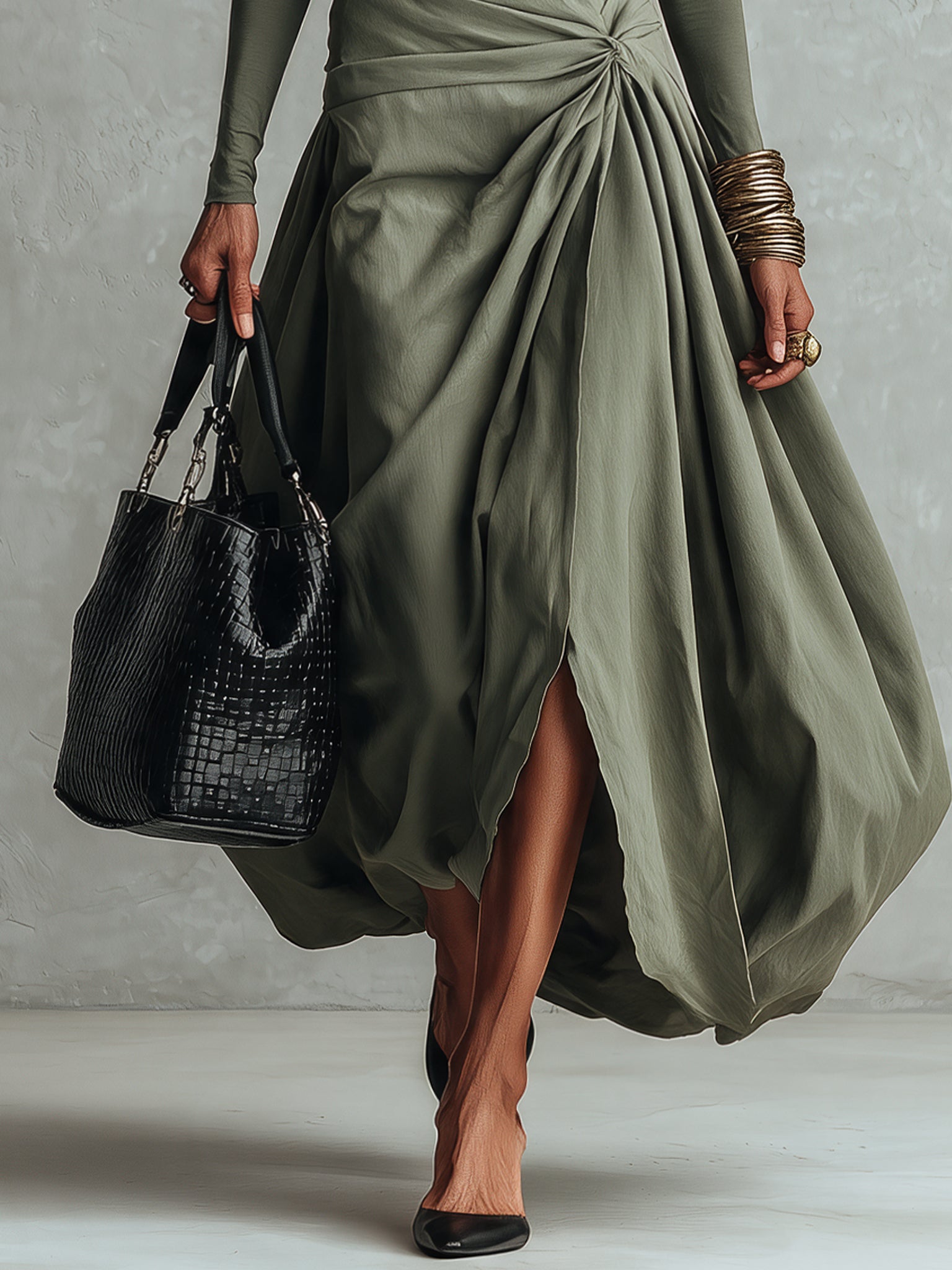 Green Off Shoulder Color Block Maxi Dress