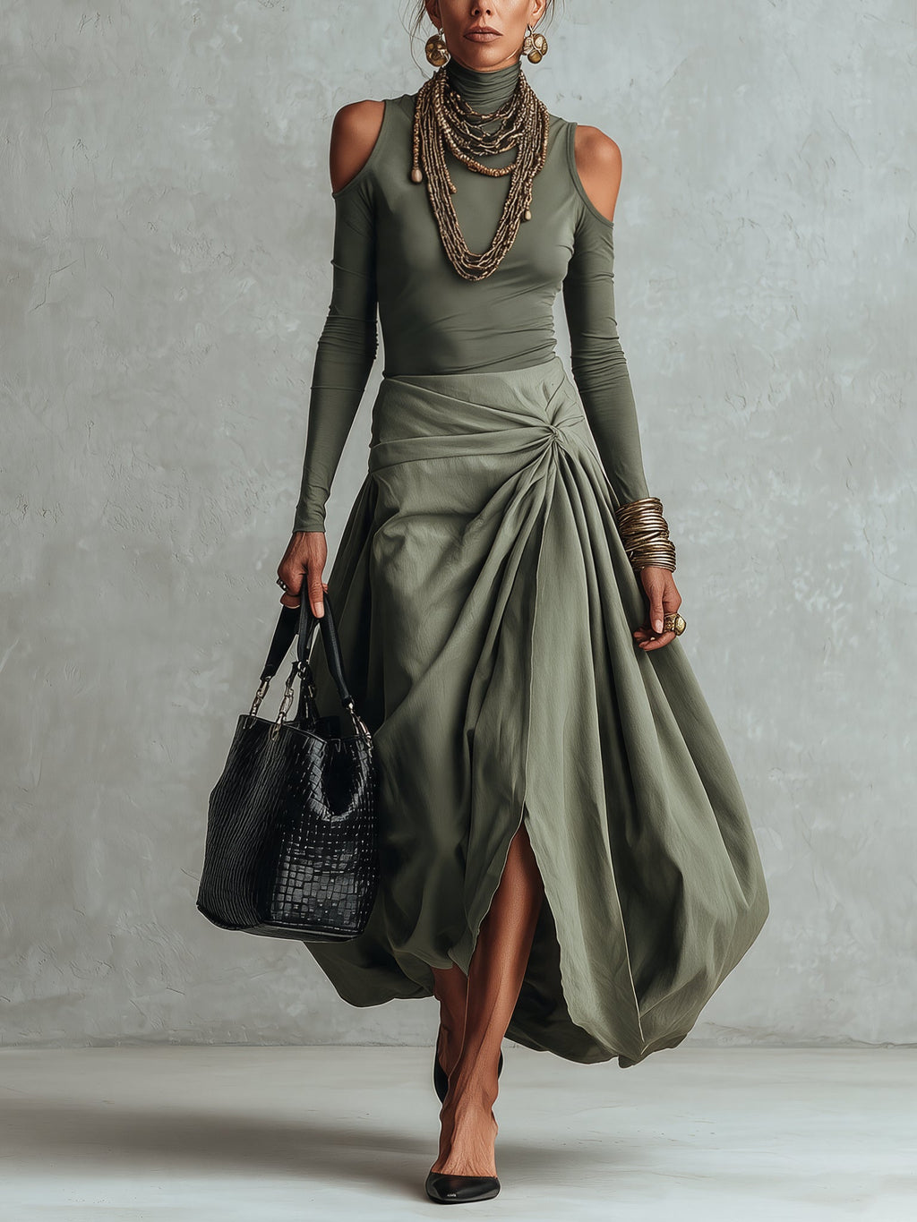 Green Off Shoulder Color Block Maxi Dress