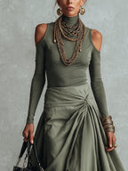 Green Off Shoulder Color Block Maxi Dress