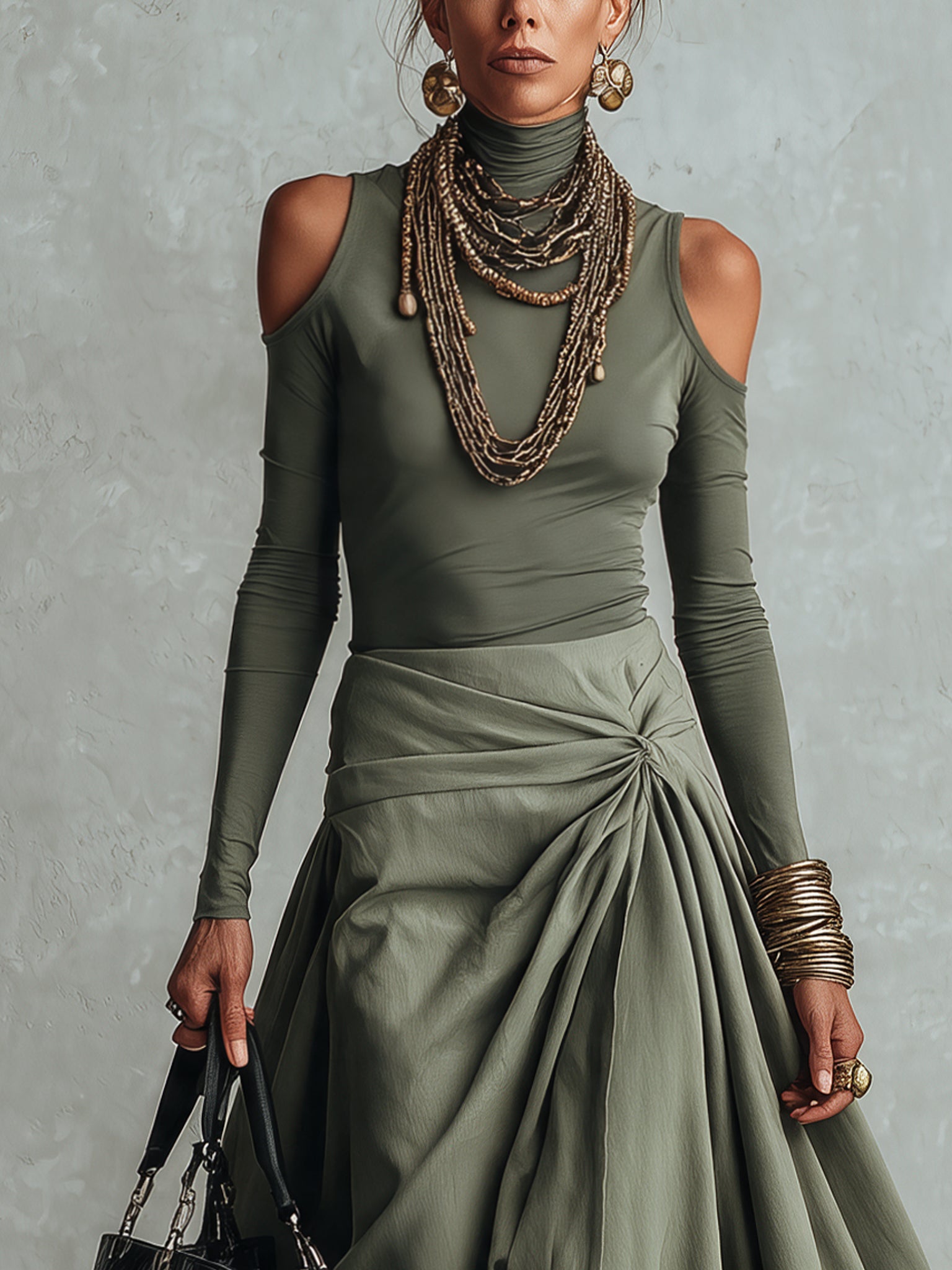 Green Off Shoulder Color Block Maxi Dress