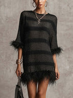 Black Open Knit Mini Dress With Faux Feather Trim