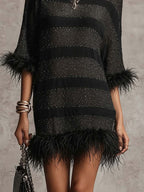 Black Open Knit Mini Dress With Faux Feather Trim