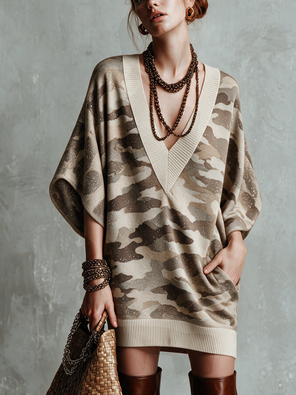 Green Shimmer Camouflage Knit Mini Dress