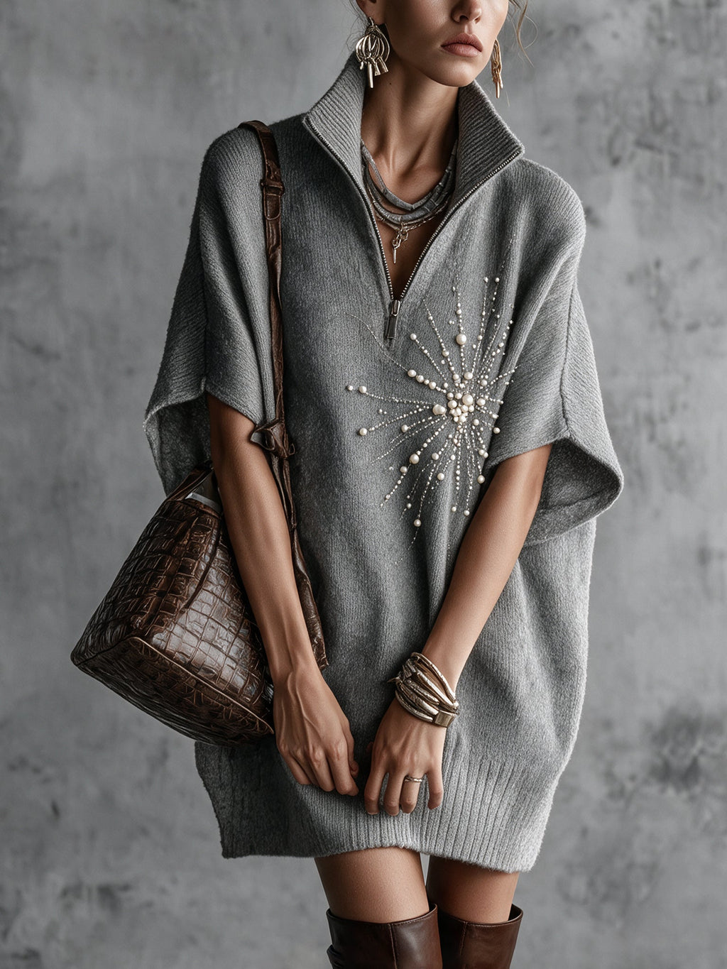 Gray Half Zip Beaded Embroidery Knit Mini Dress