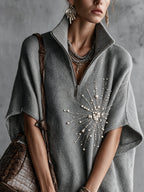 Gray Half Zip Beaded Embroidery Knit Mini Dress