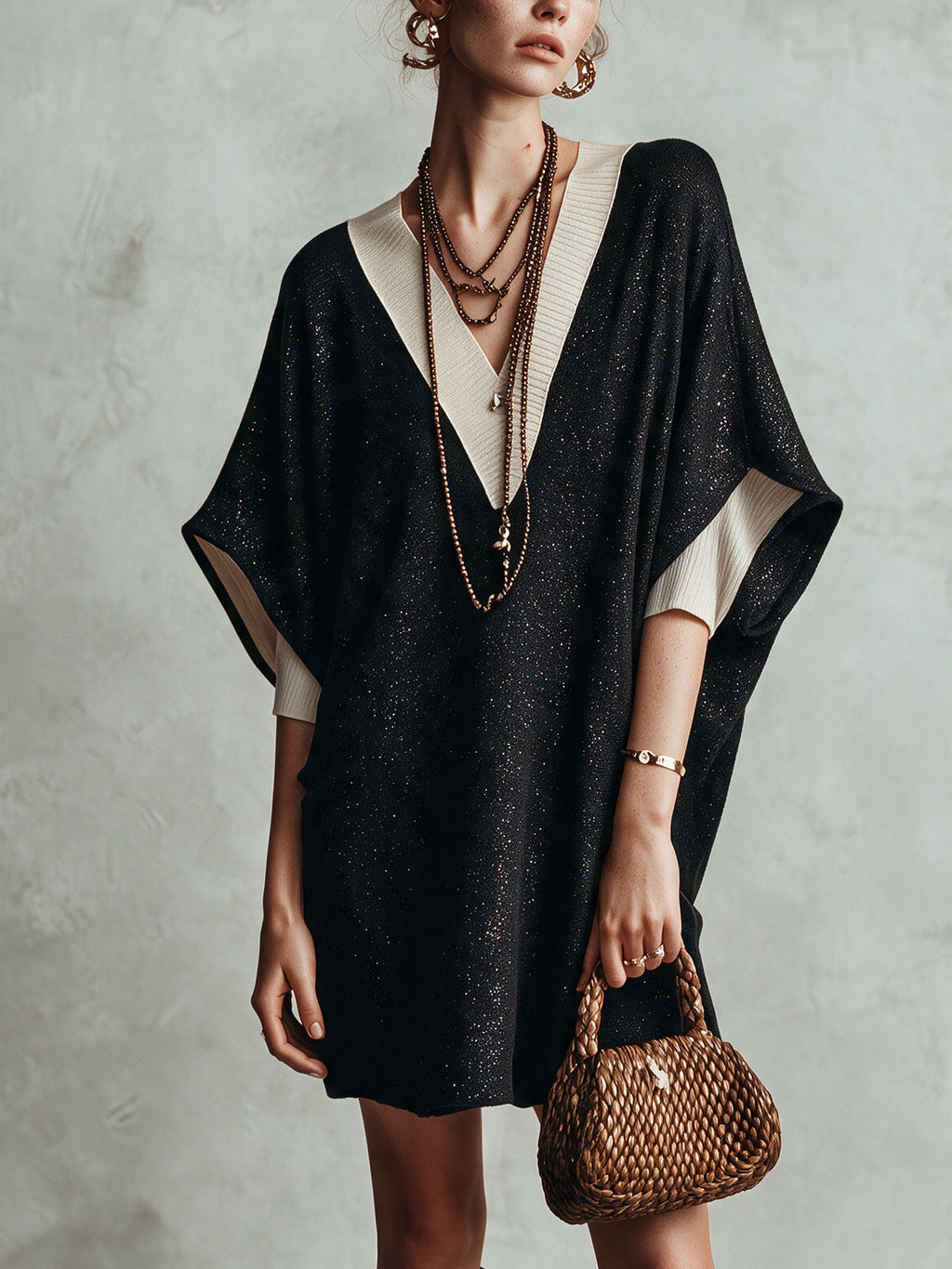 Black Shimmer Color Block Knit Mini Dress