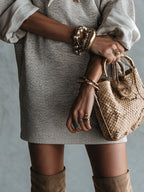 Gray Satin Bow Knit Five Sleeve Mini Dress