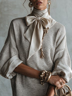 Gray Satin Bow Knit Five Sleeve Mini Dress