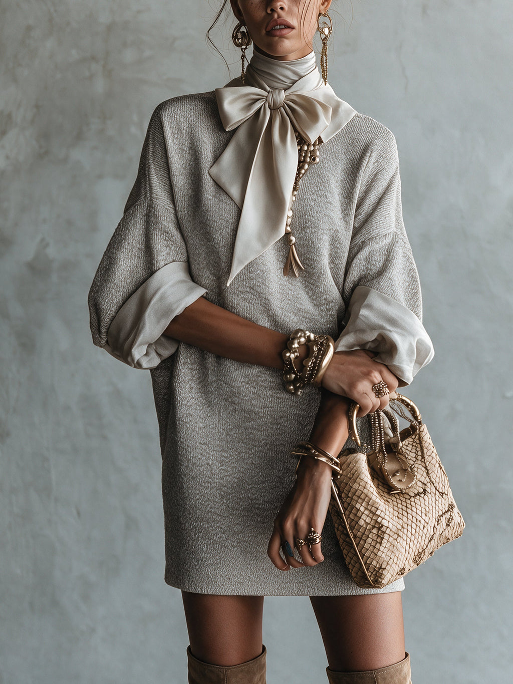 Gray Satin Bow Knit Five Sleeve Mini Dress