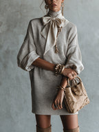 Gray Satin Bow Knit Five Sleeve Mini Dress