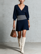 Navy Blue Ribbed Deep V Waist Stripe Mini Dress