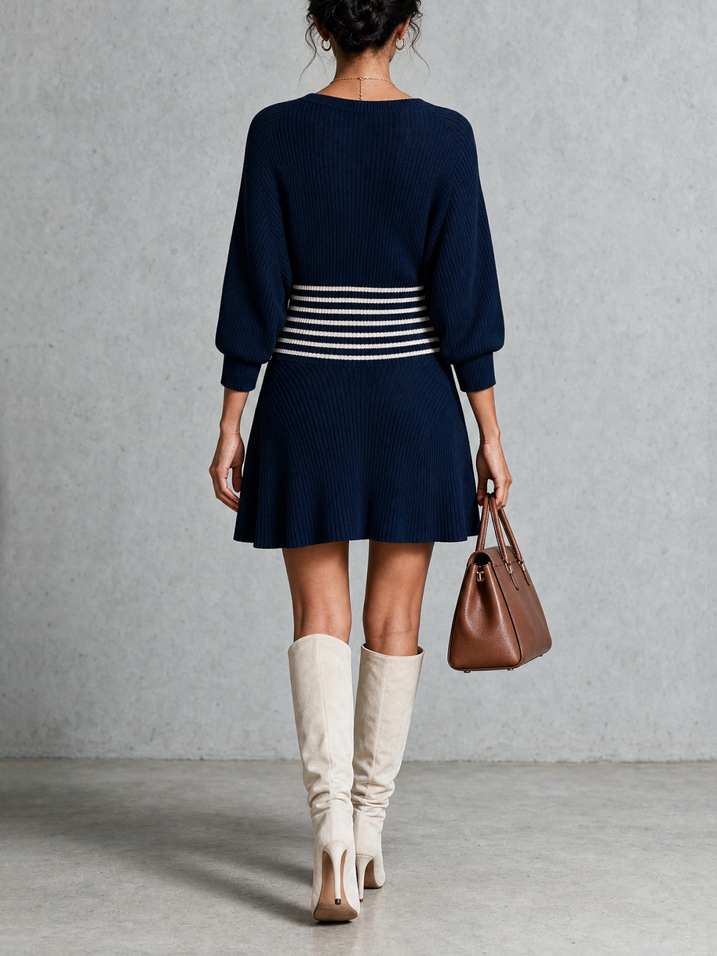 Navy Blue Ribbed Deep V Waist Stripe Mini Dress
