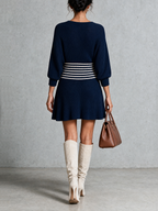 Navy Blue Ribbed Deep V Waist Stripe Mini Dress