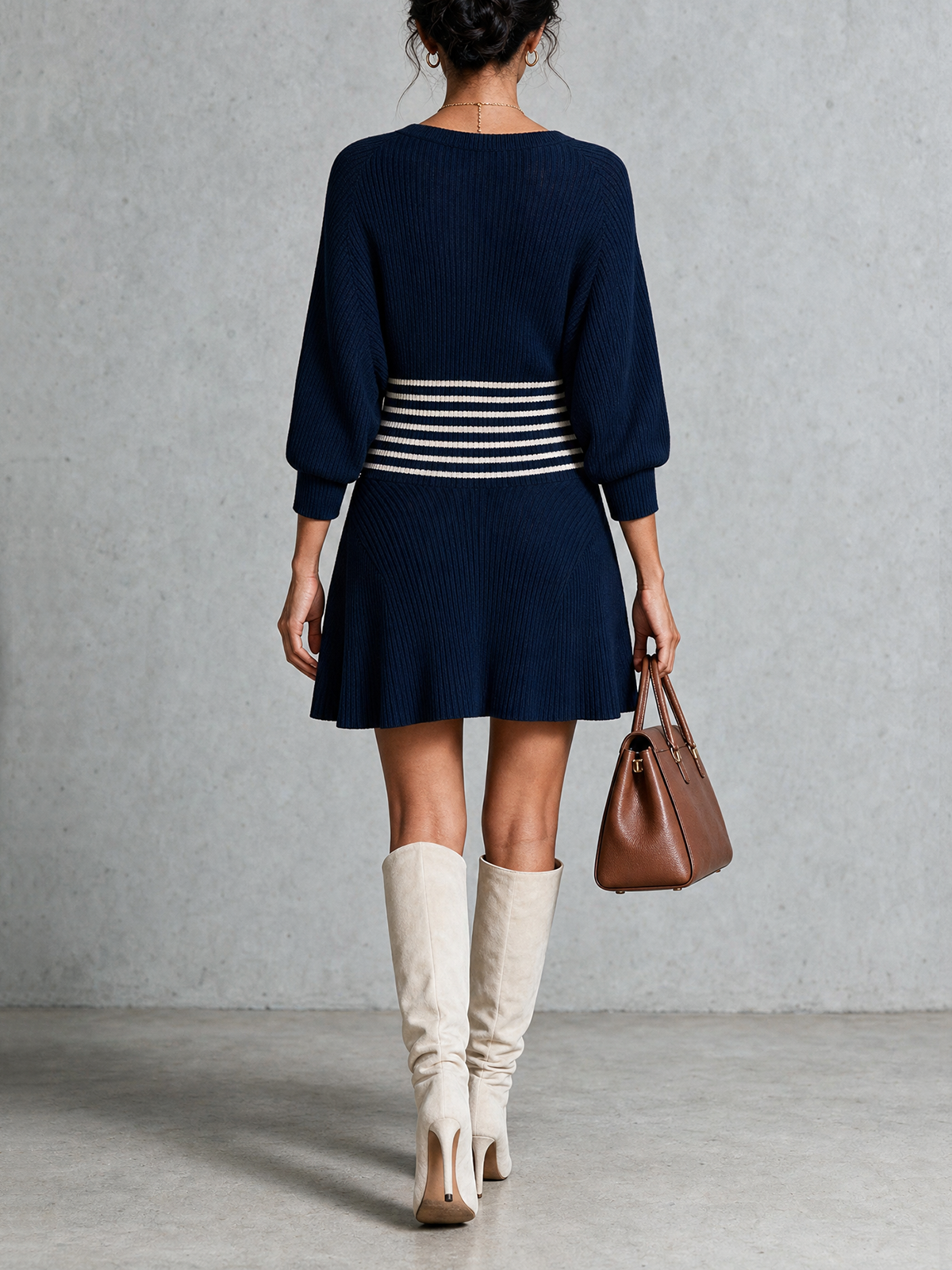 Navy Blue Ribbed Deep V Waist Stripe Mini Dress
