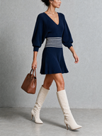 Navy Blue Ribbed Deep V Waist Stripe Mini Dress