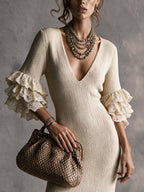 Beige Lace Ruffle Knit Mermaid Bodycon Dress