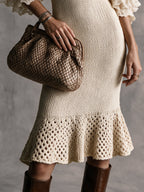 Beige Lace Ruffle Knit Mermaid Bodycon Dress